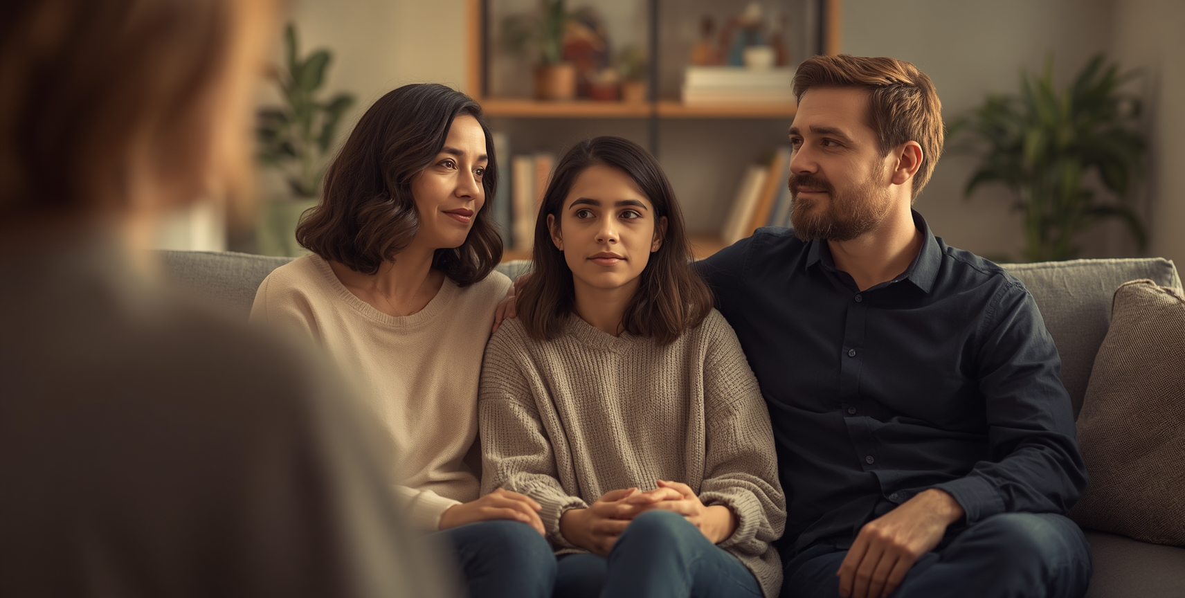 Diverse interracial family with teenage daughter in family therapy session — Maplewood Counseling NJ