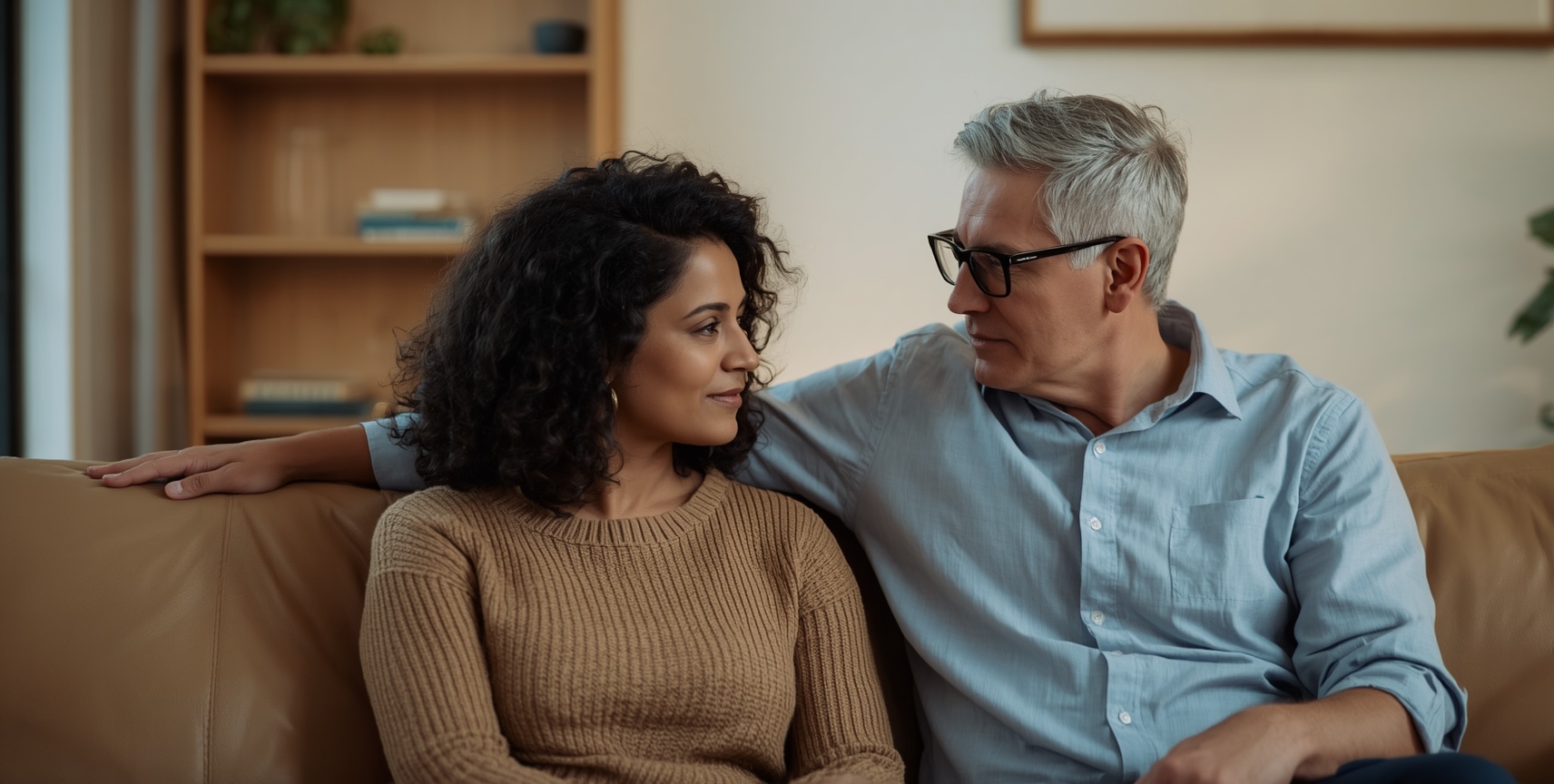 Diverse interracial couple in their 40s in therapy session for infidelity recovery — Maplewood Counseling NJ