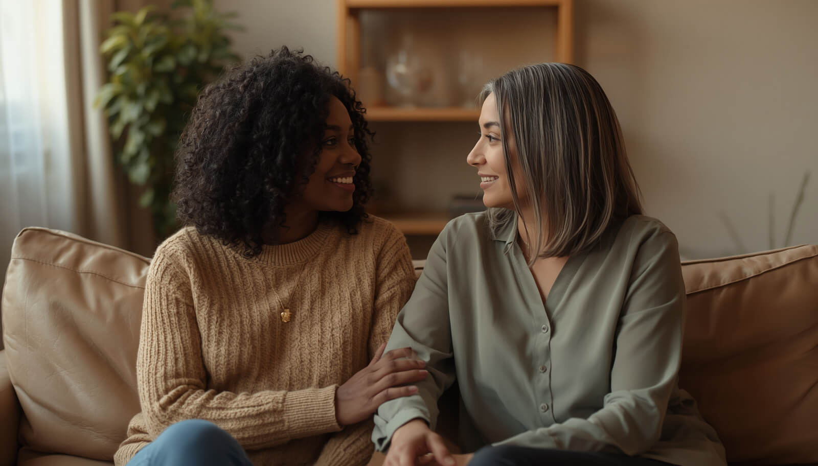 Diverse same-sex female couple in their 40s in affirming therapy session — LGBTQ+ counseling NJ — Maplewood Counseling