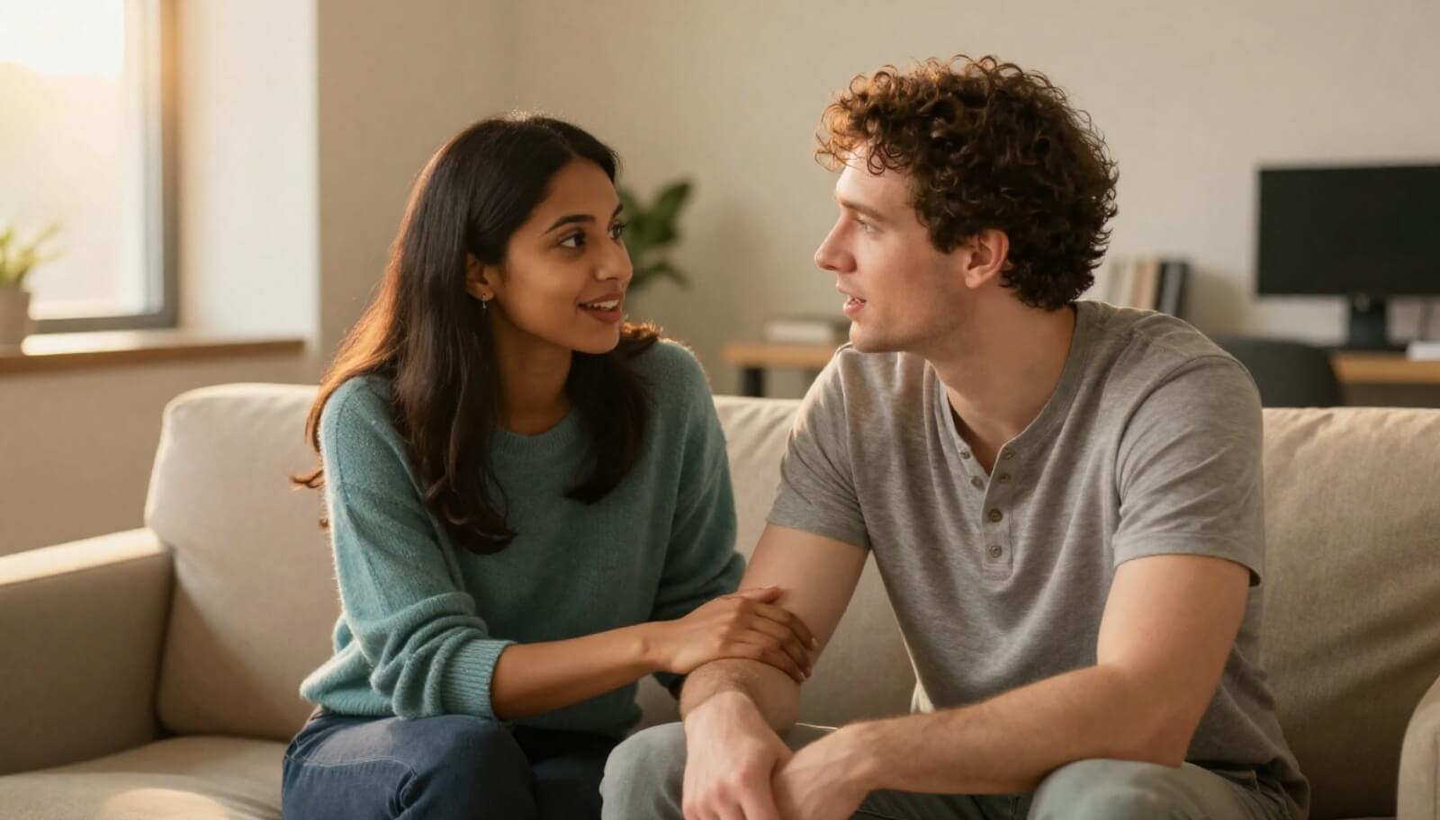 Diverse interracial engaged couple in late 20s having animated planning conversation in premarital counseling session — Maplewood Counseling NJ